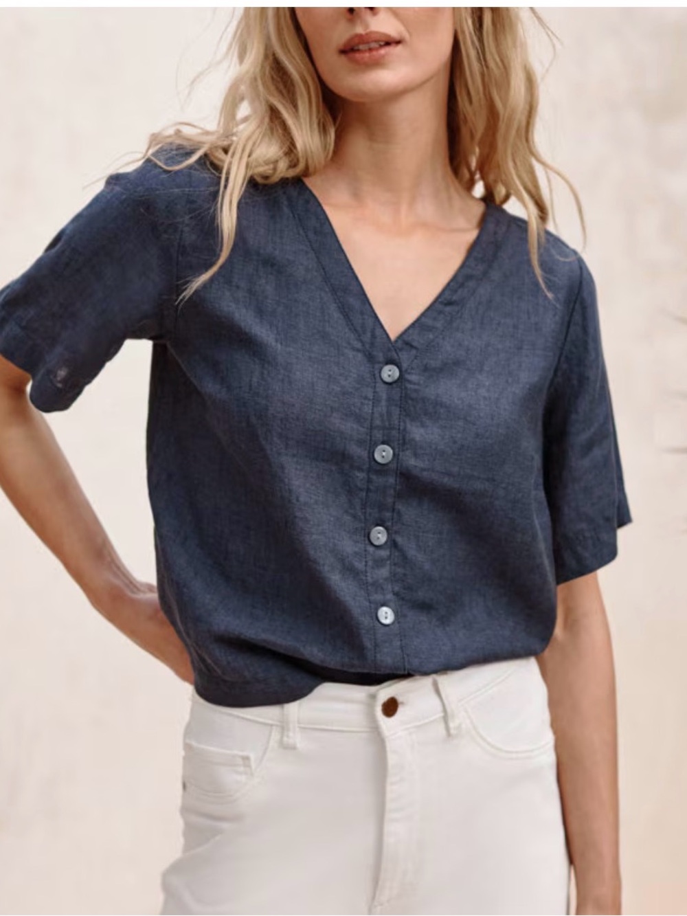 Garnet Hill Navy Short-Sleeve V-Neck Button-Front Linen Top